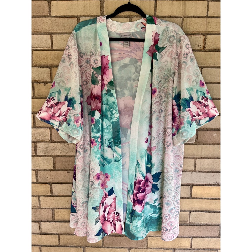 Catherines Floral Crane Print Kimono Cardigan Teal Pink 2X 22/24W Wrap Cover Up